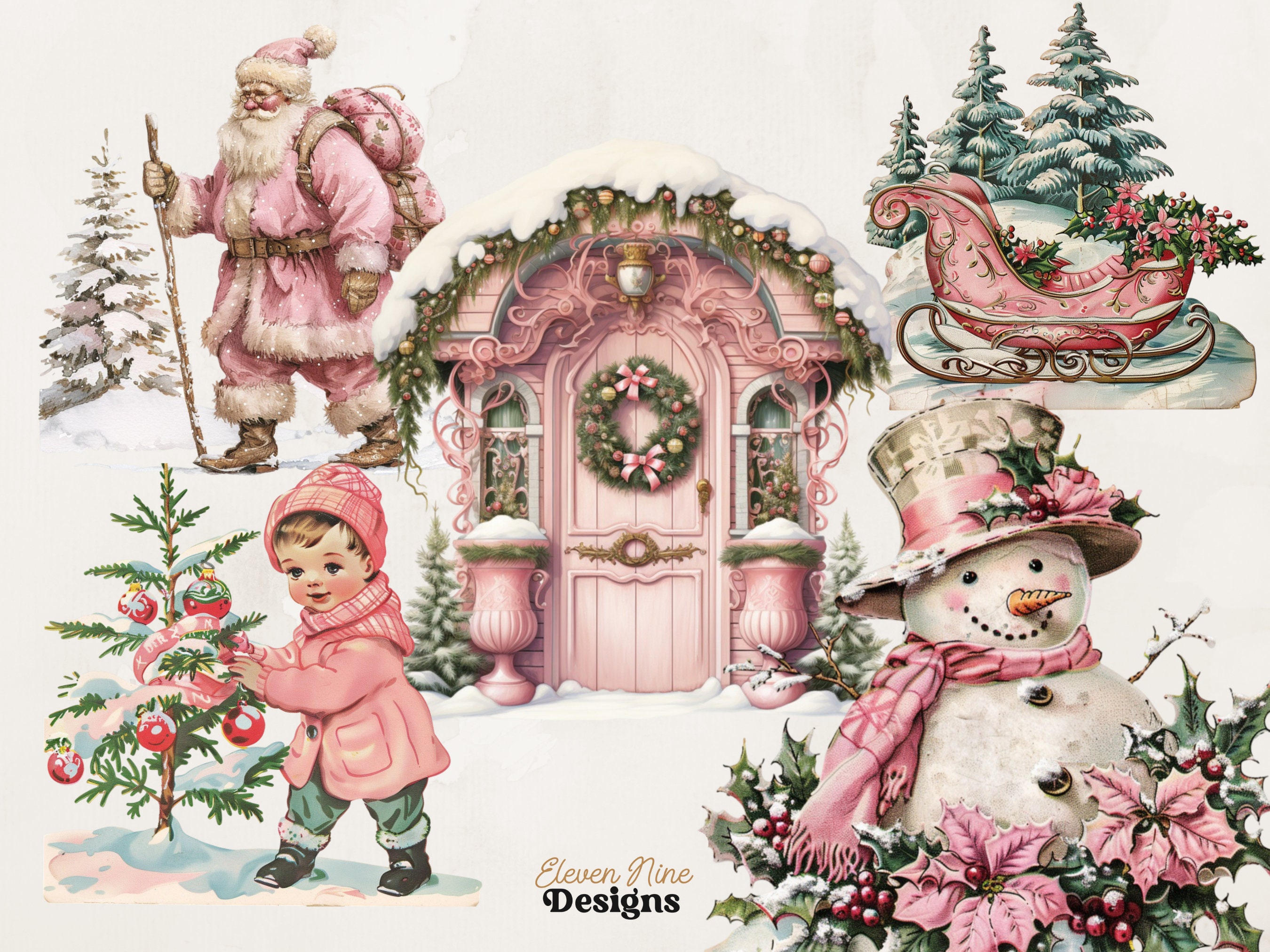 Pink Christmas Clipart Bundle | 150+ Vintage Holiday Pngs | Retro Pink ...