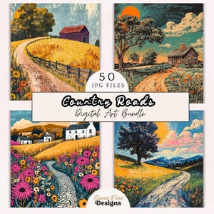 Pacote de impressões de arte digital de estradas rurais – arte de parede de casa de campo com paisagens coloridas, cenário rural, arte de fazenda, download de JPG rústico
