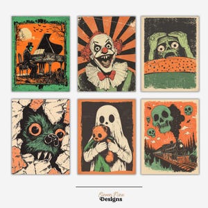 May include: Set of six vintage-style Halloween illustrations featuring a spooky clown, a ghost holding a teddy bear, a skull with a train in the background, a monster peeking out of a wall, a man playing a piano in a graveyard, and a zombie covering its face with its hands.