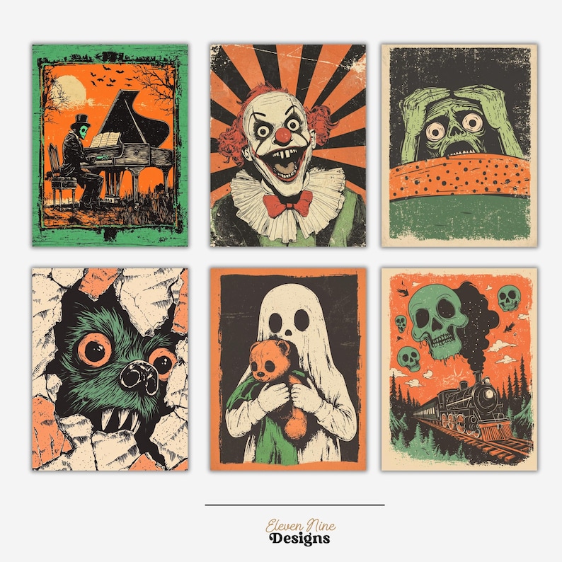 May include: Set of six vintage-style Halloween illustrations featuring a spooky clown, a ghost holding a teddy bear, a skull with a train in the background, a monster peeking out of a wall, a man playing a piano in a graveyard, and a zombie covering its face with its hands.