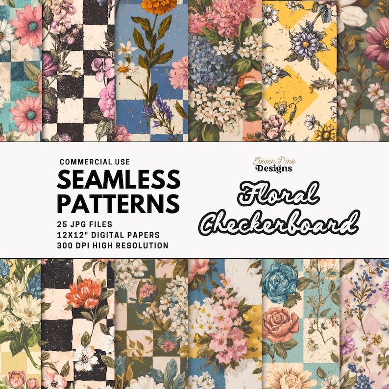A digital paper pack titled “Floral Checkerboard” by Eleven Nine Designs, featuring 25 seamless 12x12 inch JPG files with vintage-style floral patterns over checkerboard backgrounds in a variety of pastel, bold, and earthy color palettes. Shown applied to mockups including tote bags, notebooks, phone cases, and wrapping paper for use in digital and printed crafts.