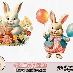 May include: Two vintage illustrations of bunnies. One bunny is white and sitting in a pot of flowers. The other bunny is wearing a blue and red outfit and holding two balloons. The text "Chubby Bunnies Vintage-Inspired Clipart" is at the bottom of the image.