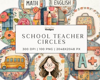 Teacher Circle Clipart Bundle, Classroom PNG Graphics, Back to School Art for Journals, Stickers, Planners, Teacher Gift, Printable