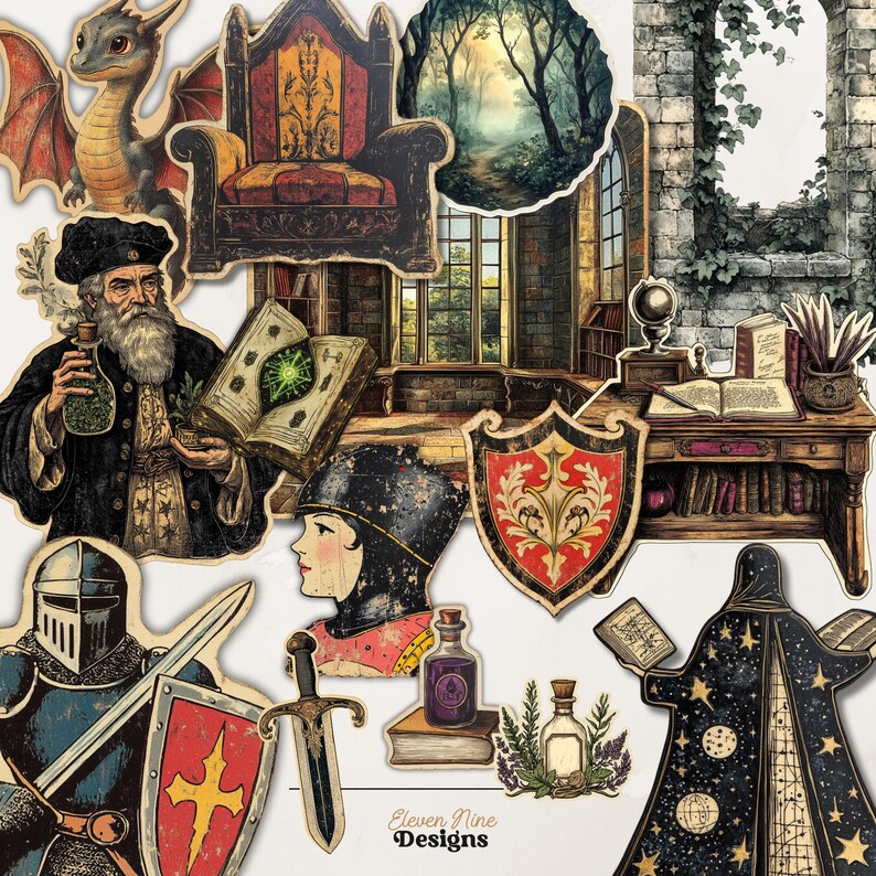 Pu&ograve; includere: Una collezione di ritagli di carta a tema fantasy con un drago, un mago, un cavaliere e un trono medievale. Altri ritagli includono una scena di foresta, uno scudo, una bottiglia di pozione e un libro. Il testo "Eleven Nine Designs" &egrave; visibile.