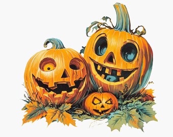 Vintage Halloween Jack O' Lantern Family PNG: Retro Pumpkin Art (Digital Download)