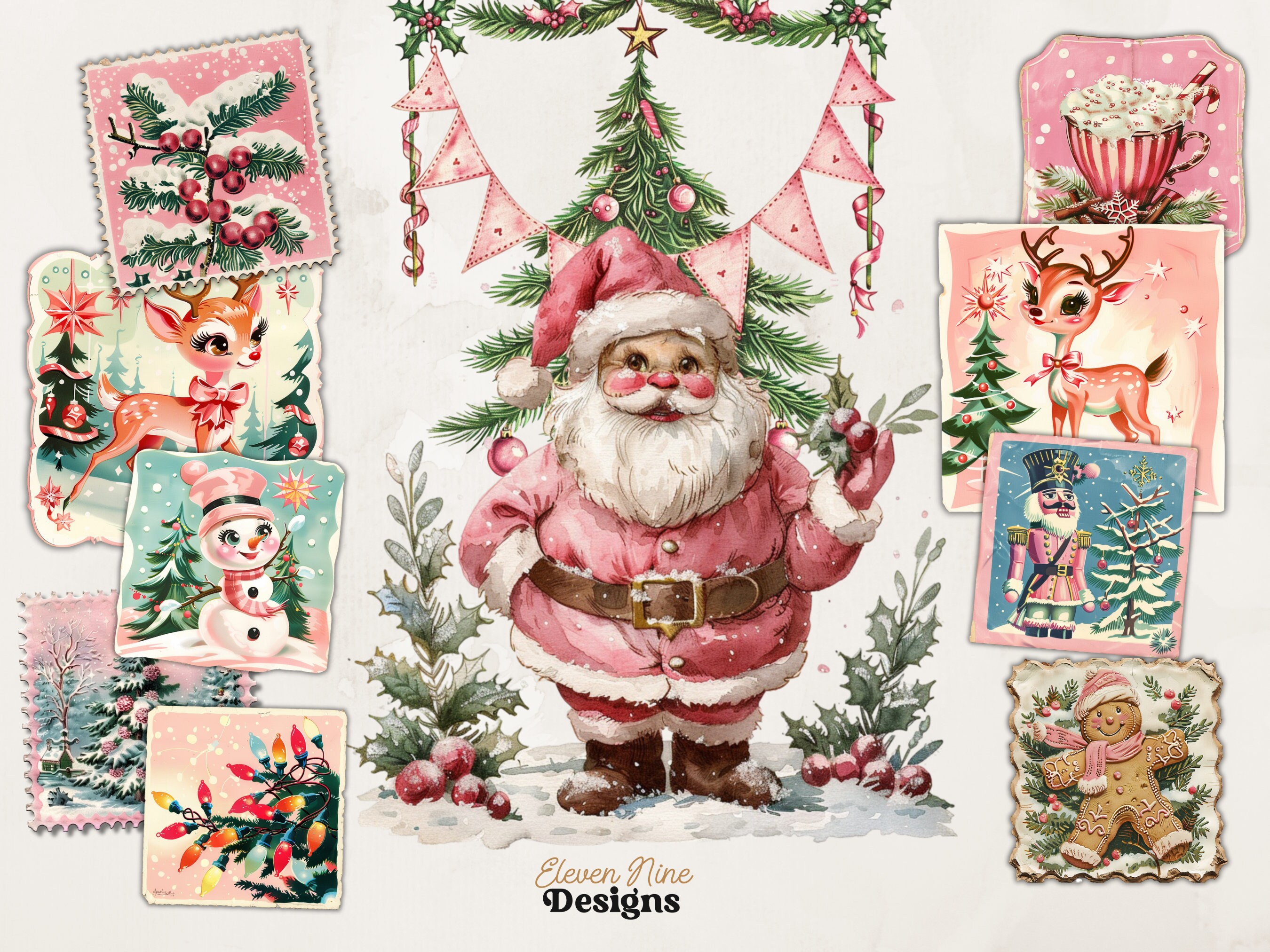 Pink Christmas Clipart Bundle | 150+ Vintage Holiday Pngs | Retro Pink ...