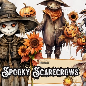 Watercolor Spooky Scarecrows Clipart, Commercial Use Scary Scarecrow PNG, Halloween Fall Scarecrow, Digital Download Clipart