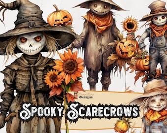 Watercolor Spooky Scarecrows Clipart, Commercial Use Scary Scarecrow PNG, Halloween Fall Scarecrow, Digital Download Clipart