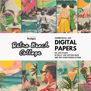 Carta digitale retrò da spiaggia / Collage estivo vintage, foto anni '50, sfondi stampabili, carte per diari di viaggio, scrapbooking e artigianato