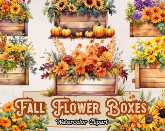 Acuarela Otoño Flores Imágenes Prediseñadas, Uso comercial Otoño Floral PNG, Imágenes Prediseñadas de otoño, Cajas de jardineras, Girasoles Otoño Calabazas Descarga digital