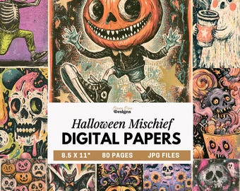 Pode incluir: Uma colagem de papéis digitais com tema de Halloween. A imagem central apresenta um personagem com cabeça de abóbora. Outras imagens incluem um esqueleto, um fantasma, caveiras e abóboras. O texto diz "Halloween Mischief DIGITAL PAPERS" e "8.5 X 11" 80 PAGES JPG FILES."