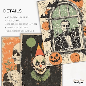 May include: A set of 40 digital papers featuring Halloween themed illustrations. The papers feature a skull, a clown, and a man in a window. The papers are in a distressed, vintage style.