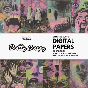 Może przedstawiać: Papiery cyfrowe o tematyce "Pretty Creepy". Grafika przedstawia surrealistyczne, niepokojące obrazy w pastelowej palecie kolorów. Tekst na obrazie brzmi "DIGITAL PAPERS" i "50 JPG FILES 8.5x11 US LETTER SIZE 300 DPI HIGH RESOLUTION."