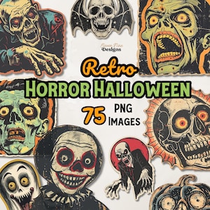 May include: A collection of 75 retro horror Halloween themed PNG images. The images feature various spooky characters, including a zombie, a skull, a monster, and a ghost. The images are in a vintage style with a distressed look.