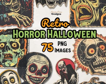 Retro Halloween Horror Clipart, PNG Vintage Monster Grafiken, klassische gruselige Diecut, Zombie-Skelett-Vampir-Kunst, digitale Halloween-Aufkleber