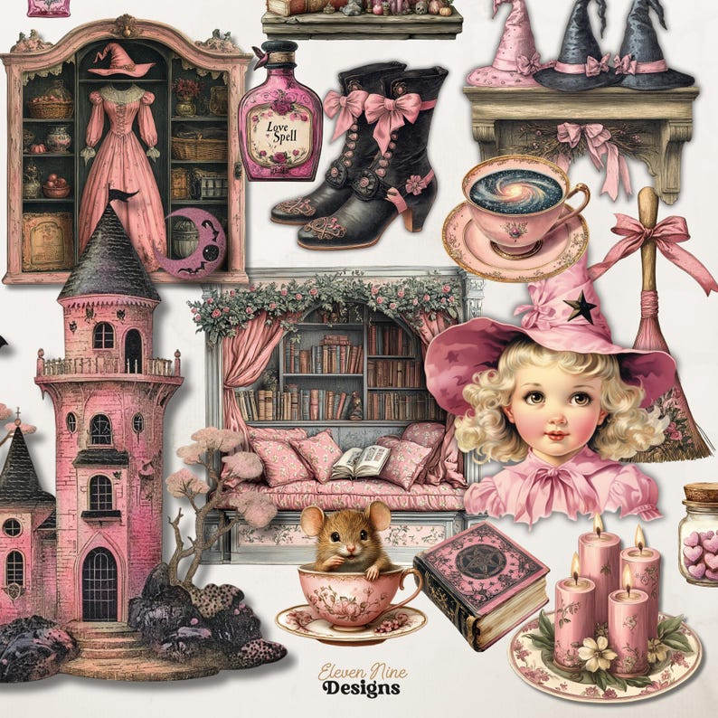 Op de afbeelding: Een digitale collage met een roze kasteel, een heks met een roze hoed en een bezem, een boek met een roze kaft, een roze theekopje met een muis erin, een flesje drankje met het label "Love Spell" en een roze bank met boekenkasten.