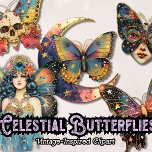 Schmetterling Clipart, himmlischer Schmetterling PNG, Galaxy digitale Clipart, Sonne und Sterne, sofortiger digitaler Download, transparente PNG