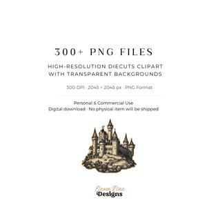 Pu&ograve; includere: Una grafica digitale con il testo "300+ PNG FILES" e "HIGH-RESOLUTION DIECUTS CLIPART WITH TRANSPARENT BACKGROUNDS". L'immagine include un'illustrazione dettagliata di un castello. La grafica &egrave; per uso personale e commerciale.