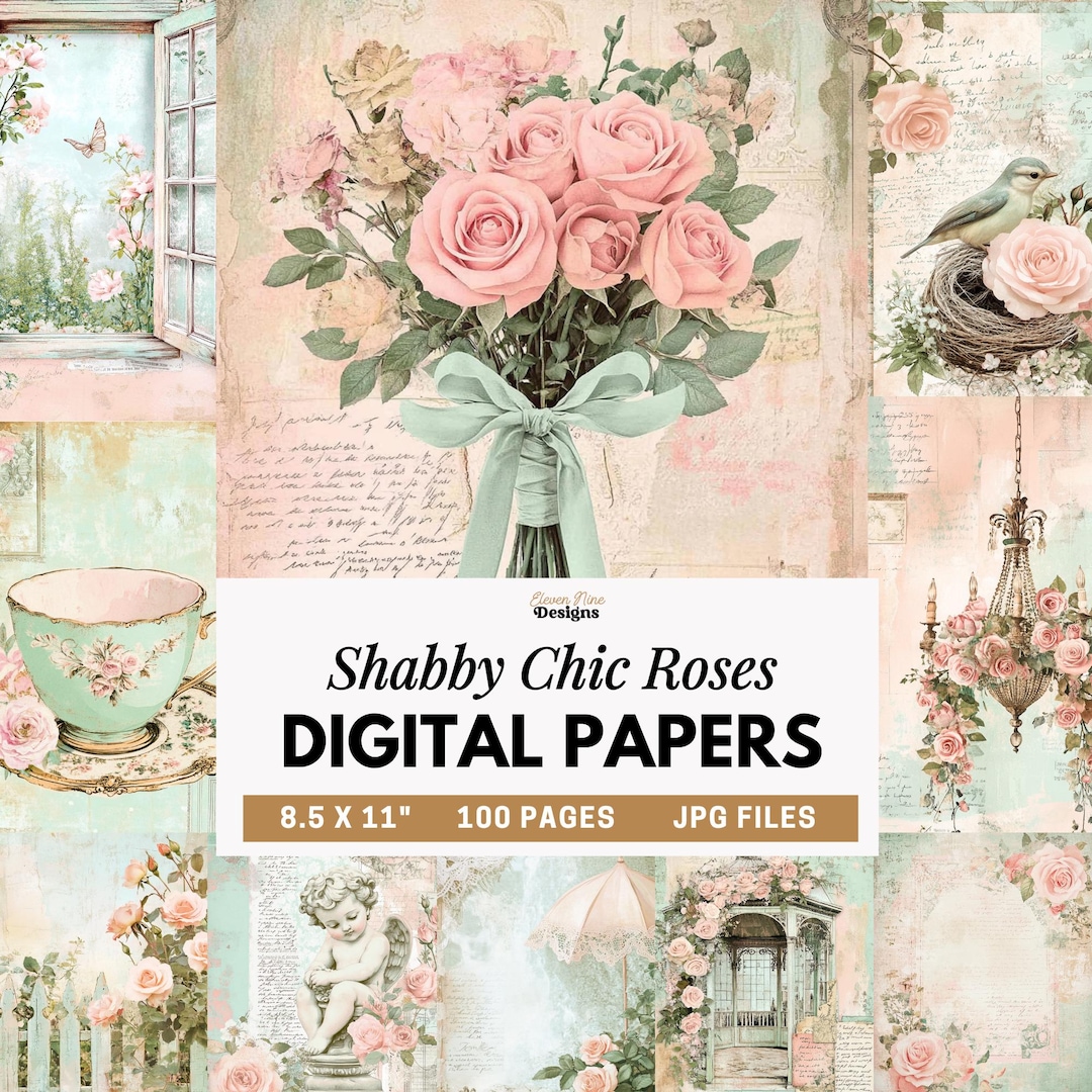 Shabby Chic Rose Digital Papers, Vintage Rose Scrapbook Paper, Romantic ...