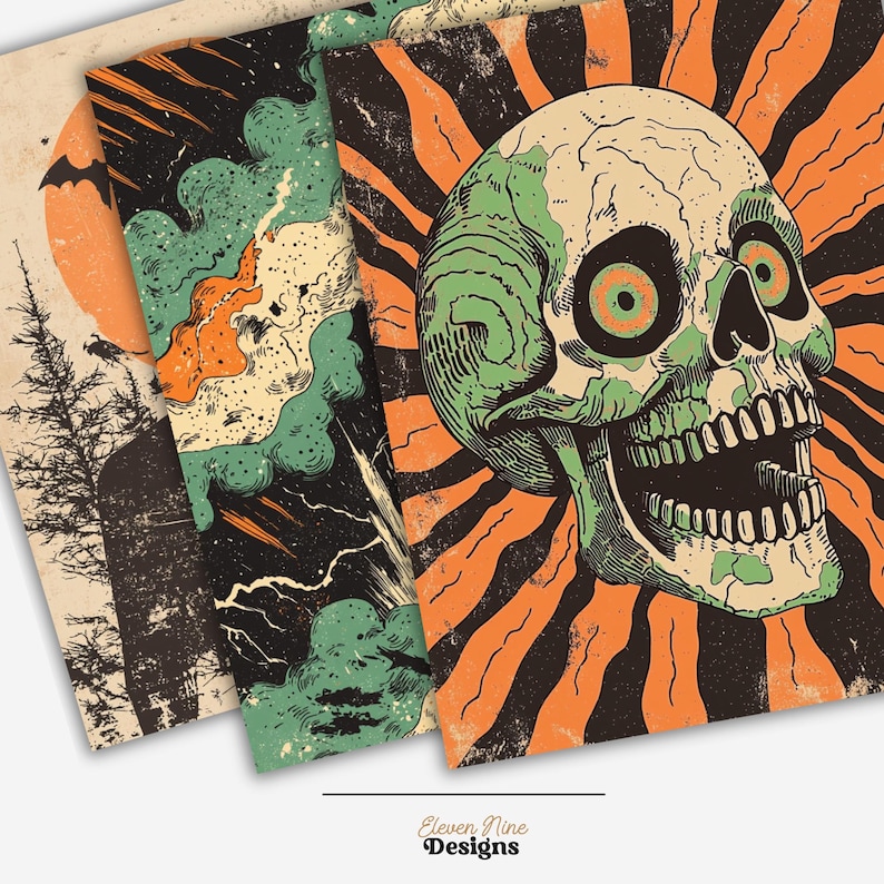 May include: Three vintage-style Halloween printable cards. The first card features a black bat flying over a bright orange sun. The second card features a green and orange cloud with lightning bolts. The third card features a green and white skull with a wide open mouth and large eyes.