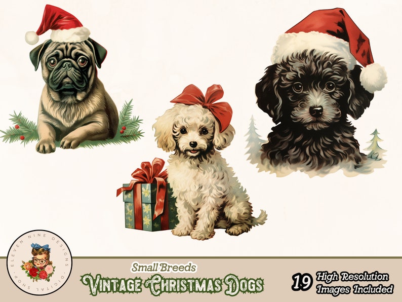 May include: Three vintage Christmas dog illustrations. A pug wearing a red Santa hat, a white poodle with a red bow, and a black poodle wearing a red Santa hat.