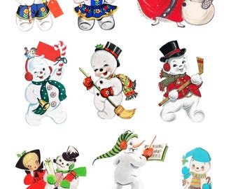 Puede incluir: Nueve imágenes de clip art de Navidad vintage que representan a varios muñecos de nieve y niños con ropa de invierno. Las imágenes son de estilo de dibujos animados y presentan colores brillantes.