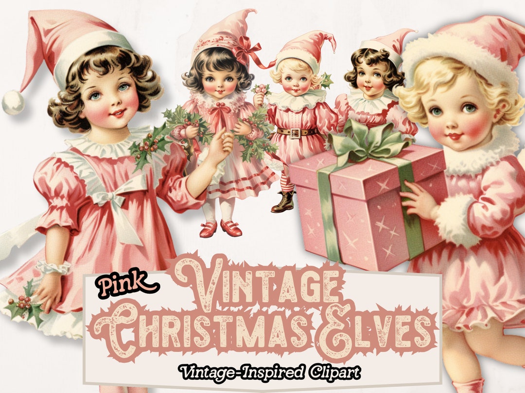 Pink Christmas Elf Clipart, Vintage Pink Christmas PNG, Pink Elves ...