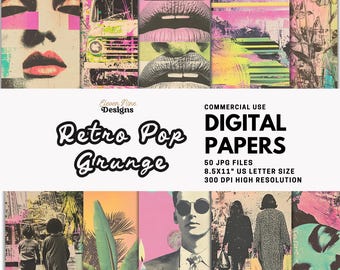 Retro Pop Grunge Digitales Papier | Surreale Kunst Collage Pastell & Neonfarben, 50er Jahre Fotos | Druckbare Hintergründe | Junk Journals, Sammelalben