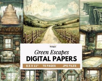 Green Escapes Digital Papers, Vintage Green Junk Journal, Vacation Printable Pages, Nature Scrapbook Paper, Watercolor Scenery JPGs