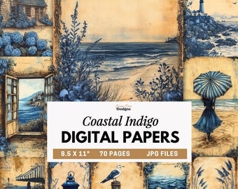 Coastal Indigo Digital Papers, Vintage Beach Junk Journal, Blue Coastal Scrapbook, Nautical Printable Pages, Seaside Ephemera JPGs