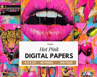 Hot Pink Digital Papers, Neon Grunge Collage, Edgy Pop Art Junk Journal Pages, Colorful Portraits, Pink Art Printable Paper