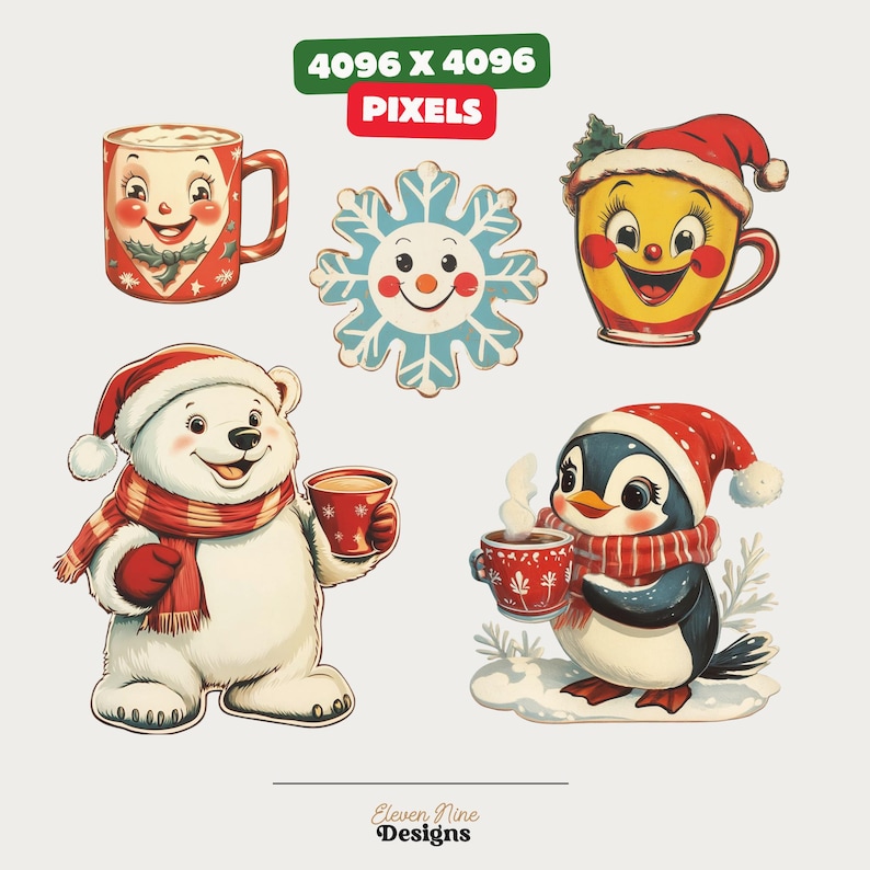 May include: Five Christmas-themed illustrations featuring a polar bear, a penguin, a snowflake, and two mugs with smiling faces. The polar bear and penguin are holding mugs of hot chocolate. The mugs are red and white with a festive design. The snowflake is blue and white with a smiling face. The mugs are yellow and red with a festive design.