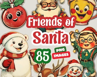May include: A set of 85 vintage Christmas clip art images featuring Santa Claus, a snowman, a reindeer, a polar bear, a Christmas ornament, and a mug. The images are in a retro style with bright colors and bold outlines. The text "Friends of Santa" is featured in the center of the image.