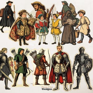 Pu&ograve; includere: Una collezione di ritagli di carta in stile vintage con personaggi medievali. Le illustrazioni includono cavalieri in armatura, arcieri e figure in abiti d'epoca. La tavolozza dei colori comprende rossi, verdi e ori, con il testo "Eleven Nine Designs" in basso.