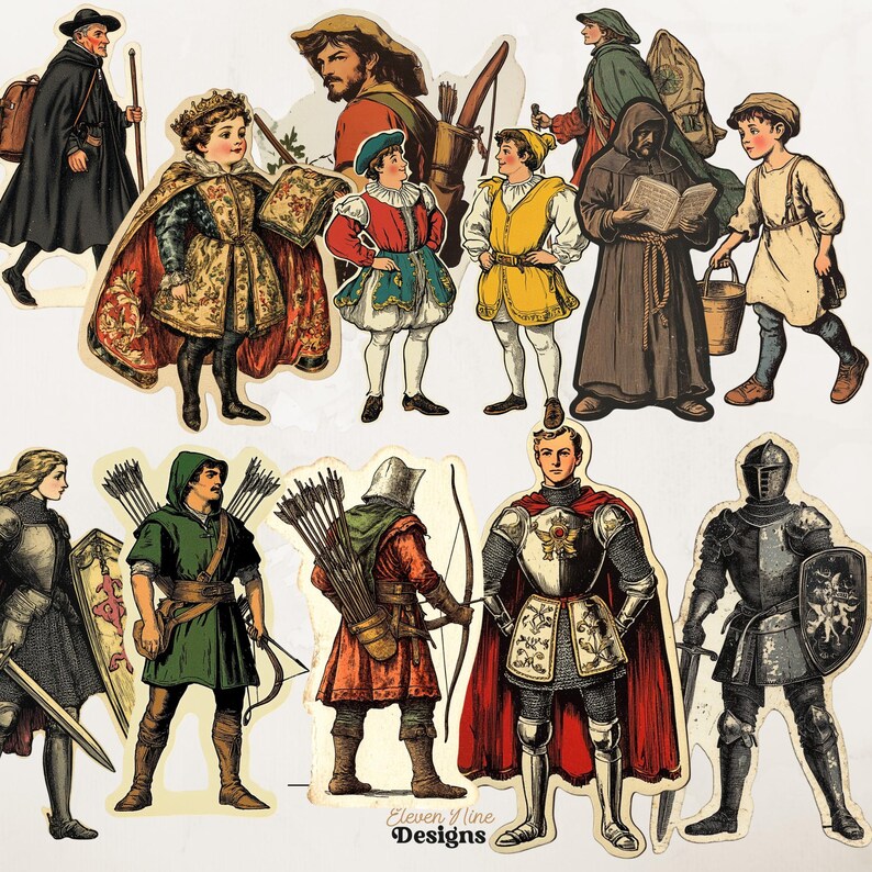 Pu&ograve; includere: Una collezione di ritagli di carta in stile vintage con personaggi medievali. Le illustrazioni includono cavalieri in armatura, arcieri e figure in abiti d'epoca. La tavolozza dei colori comprende rossi, verdi e ori, con il testo "Eleven Nine Designs" in basso.