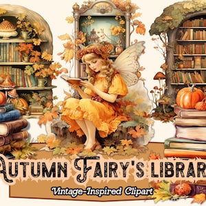 Fairy Clipart Commercial Use, Fairy PNG Clipart, Autumn Clipart, Bookshelf Library Books Clipart, Magical Clipart, Fantasy Digital Download
