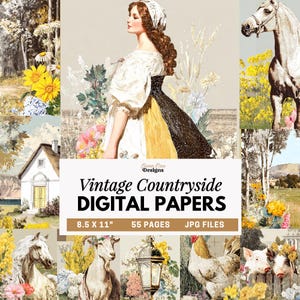 May include: Digital paper set titled "Vintage Countryside" featuring illustrations of a woman, horse, flowers, and farm animals. The set includes 55 JPG files, sized at 8.5 x 11 inches, perfect for digital art projects.