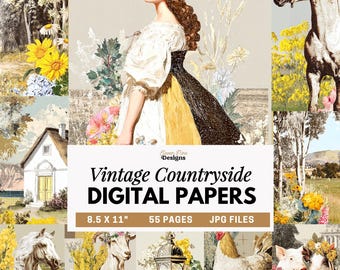 Vintage Country Farm Digital Paper, Rustic Floral Collage Paper, Country Landscape Pages, Printable Junk Journal Pages, Scrapbook Papers