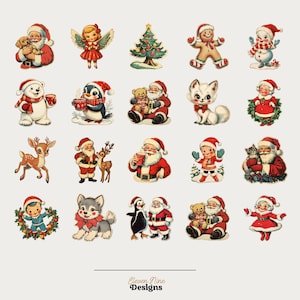 May include: A collection of 20 vintage Christmas clip art images featuring Santa Claus, reindeer, penguins, a snowman, a gingerbread man, a Christmas tree, and other festive characters. The images are in a cartoon style and are perfect for adding a touch of nostalgia to your holiday projects.