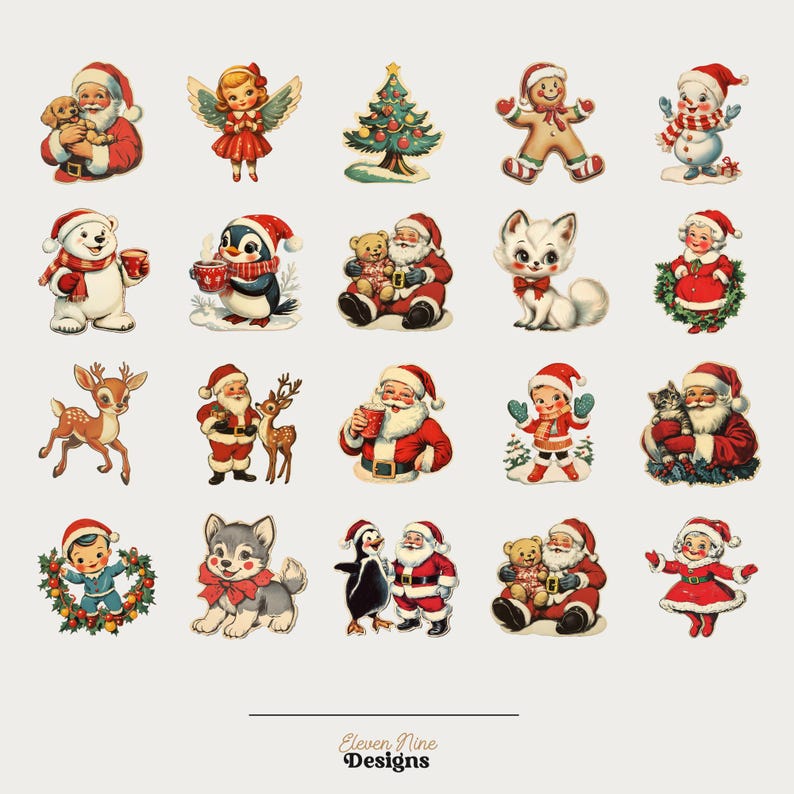 May include: A collection of 20 vintage Christmas clip art images featuring Santa Claus, reindeer, penguins, a snowman, a gingerbread man, a Christmas tree, and other festive characters. The images are in a cartoon style and are perfect for adding a touch of nostalgia to your holiday projects.