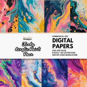 Puede incluir: Papeles digitales con diseños abstractos de vertido de pintura acrílica. Los papeles presentan colores vibrantes como el rosa, el amarillo, el azul y el morado. El texto de la imagen dice "Funky Acrylic Paint Pour" y "Digital Papers". Los papeles miden 21,6 x 27,9 cm.