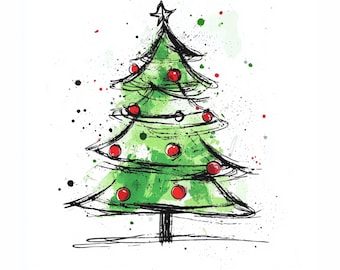 Line Art Christmas Trees Clipart, Watercolor Minimalist Holiday JPG, Modern Abstract Red Green Tree Art, Festive Printable, High Quality JPG