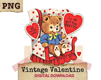 vintage Valentine Clipart, Teddy Bear Clipart, Valentine Digital Download, vintage Valentine, Valentine Bear PNG, Brown Bear PNG