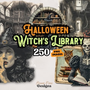 ハロウィン魔女図書館PNGクリップアート、ヴィンテージ本、不気味な魔女、スクラップブック、ジャンクジャーナル、ペーパークラフト用のゴシックブック愛好家向けファンタジーアート 画像 1