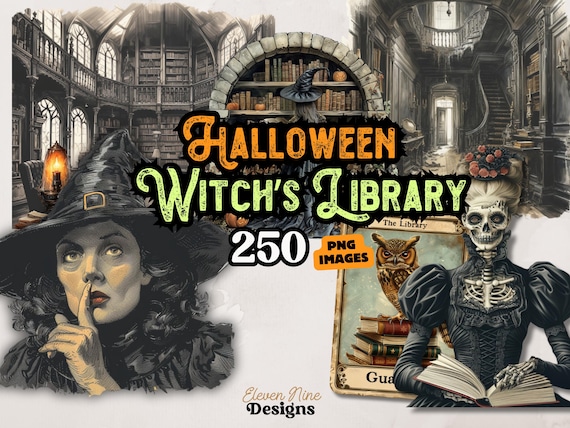 Halloween Witch Library PNG Clipart, Vintage Books, Spooky Witches, Gothic Book Lover Fantasy Art for Scrapbook, Junk Journal, Paper Crafts