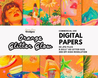 May include: A collection of digital papers with an orange and yellow color scheme. The text "Orange Glitter Glow" is displayed, along with "DIGITAL PAPERS" and details about the files, including the size and resolution.