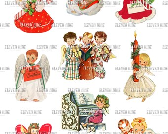 Druckbare Vintage Weihnachtsengel, Retro Feiertag Ephemera, 1950er 1960er Jahre Weihnachtskarte Kunst, Antike Weihnachtscliparts, Junk Journal Seiten