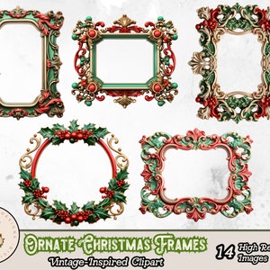 Op de afbeelding: Set van 14 sierlijke kerstframes in rood, groen en goud met hulst- en besaccenten. Vintage-ge&iuml;nspireerde clipart.