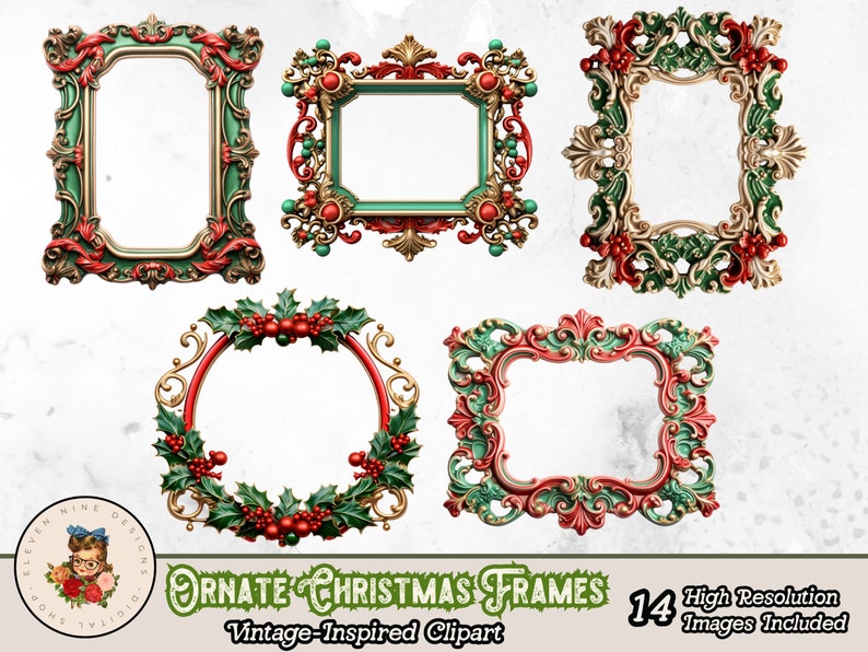 Op de afbeelding: Set van 14 sierlijke kerstframes in rood, groen en goud met hulst- en besaccenten. Vintage-ge&iuml;nspireerde clipart.