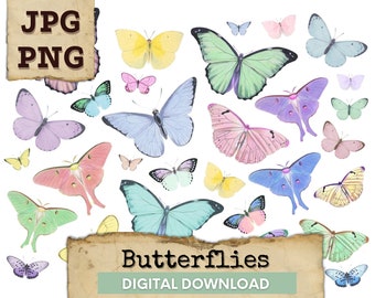 Fussy cut Butterflies, Digital Collage Sheet, Pastel Butterfly, Butterflies Digital Download, Spring Butterfly Printable,